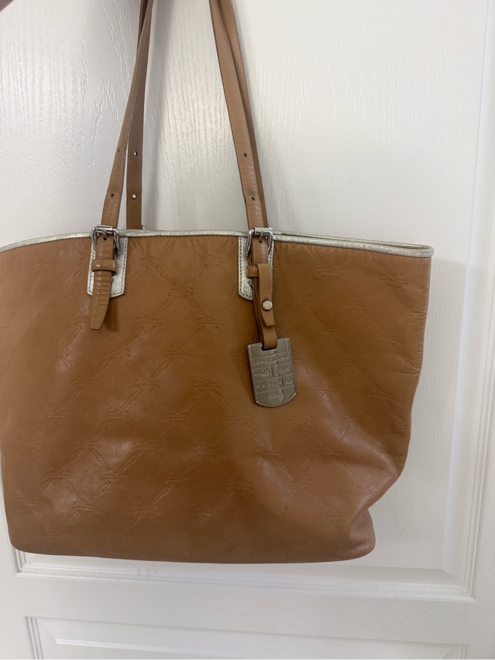 Longchamp Tan Leather Tote Bag With Silver Hardware